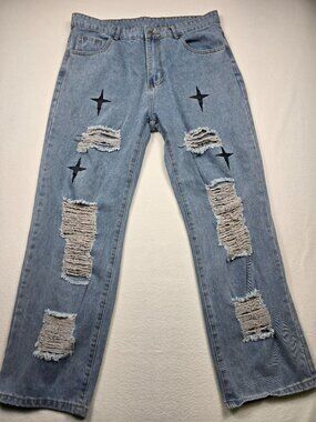 Distressed XL Light Wash Jeans Star Patches High-Waisted Straight Fit Shein